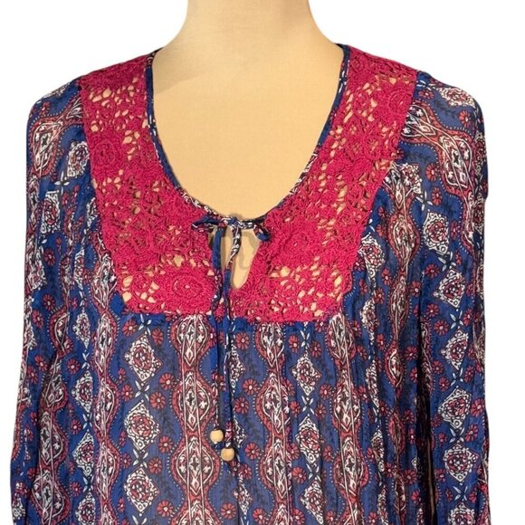 Lucky Brand Boho Peasant Blouse Sz.XL Blue Pink Floral Chiffon Crochet Cottage - Picture 2 of 11
